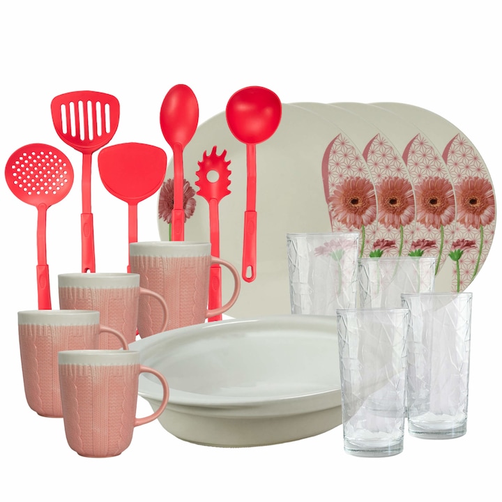 Serviciu de masa, 4 persoane, 19 piese, cana 320 ml, farfurie intinsa, tava termo, ustensile bucatarie, pahare sticla, Portelan decorat cu Margareta