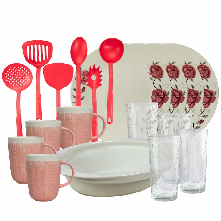 Serviciu de masa, 4 persoane, 19 piese, cana 320 ml, farfurie intinsa, tava termo, ustensile bucatarie, pahare sticla, Portelan decorat cu Trandafiri roz