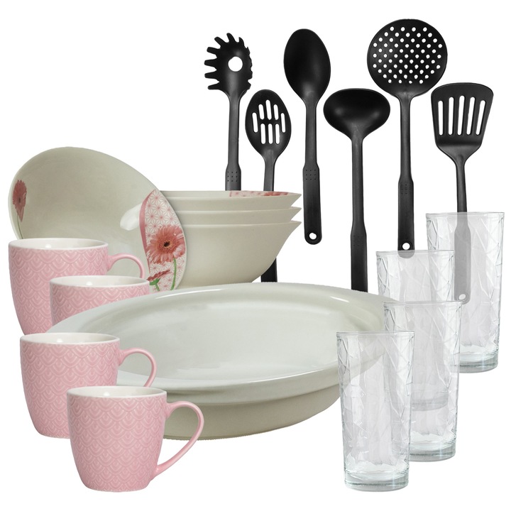 Serviciu de masa, 4 persoane, 19 piese, cana roz 200 ml, bol, tava termo, ustensile bucatarie, pahare sticla, Portelan decorat cu Margareta
