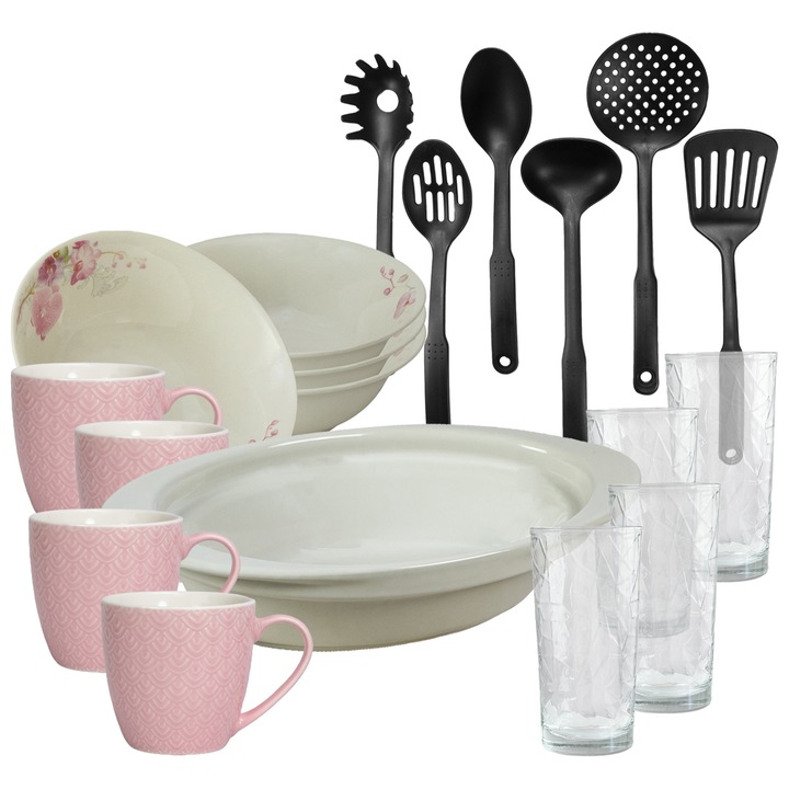 Serviciu de masa, 4 persoane, 19 piese, cana roz 200 ml, bol, tava termo, ustensile bucatarie, pahare sticla, Portelan decorat cu Orhidee