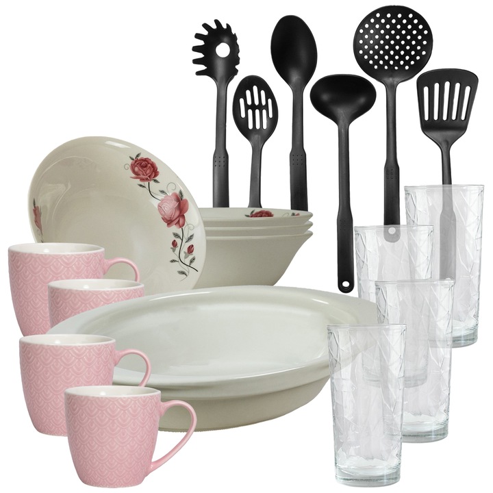 Serviciu de masa, 4 persoane, 19 piese, cana roz 200 ml, bol, tava termo, ustensile bucatarie, pahare sticla, Portelan decorat cu Trandafiri roz