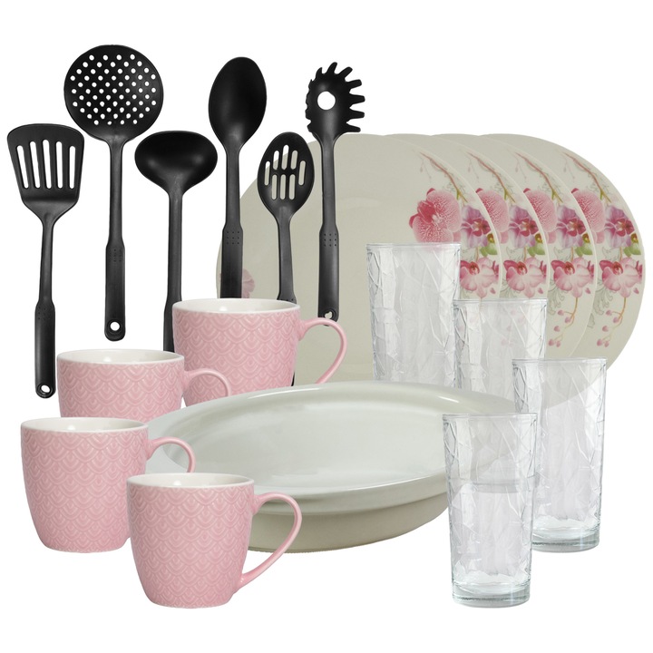 Serviciu de masa, 4 persoane, 19 piese, cana roz 200 ml, farfurie intinsa, tava termo, ustensile bucatarie, pahare sticla, Portelan decorat cu Orhidee