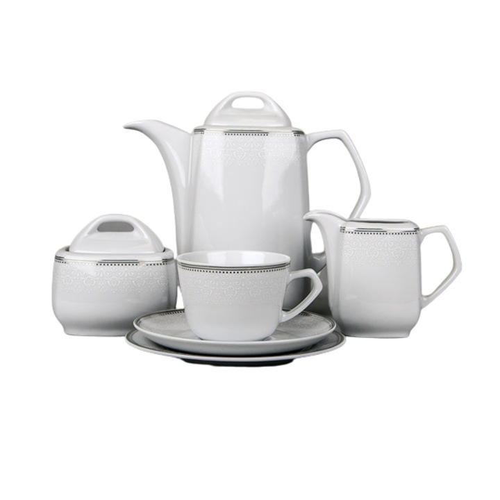 27 db-os kávéadagoló készlet, Cmielow, 256098, 12 személyes, porcelán, fehér/ezüst