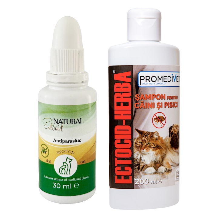 Pachet Antiparazitar Picaturi Spot On Natural cu extract din plante pentru Capuse, Purici, Paduchi, Scabie cat si pentru Muste, Tantari, Furnici, Viespi 30 ml si Sampon Antiparazitar Ectocid Herba 200ml, pentru Caini si Pisici