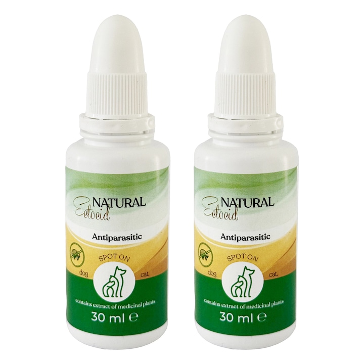 Pachet Antiparazitar Picaturi Spot On cu extract din plante medicinale impotriva Capuselor, Puricilor, Paduchilor, Scabiei cat si impotriva Mustelor, Tantarilor, Furnicilor, Viespilor pentru Caini si Pisici, 2 bucati, 60 ml