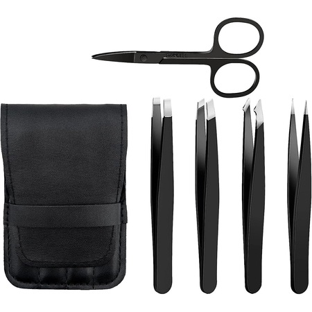 Set 5 pensete JENUOS® din otel inoxidabil de diferite latimi cu borseta de depozitare, cu varf inclinat, Negru