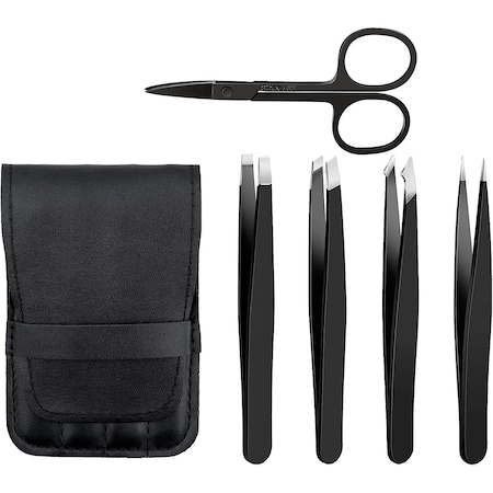 Set 5 pensete JENUOS® din otel inoxidabil de diferite latimi cu borseta de depozitare, cu varf inclinat, Negru