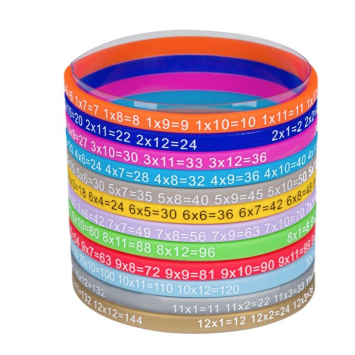 Set de 12 bratari educative, Fun Math, colorate din silicon, cu tabla inmultirii