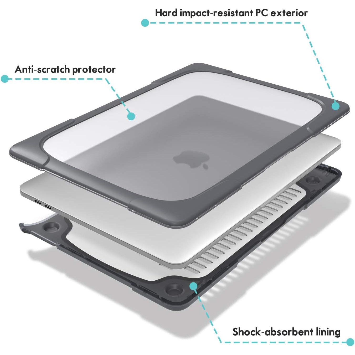 Carcasa laptop PZOZ, compatibil cu MacBook 13" 2018-2020, Policarbonat, material anti-alunecare, rezistent la zgarieturi, culoare Gri