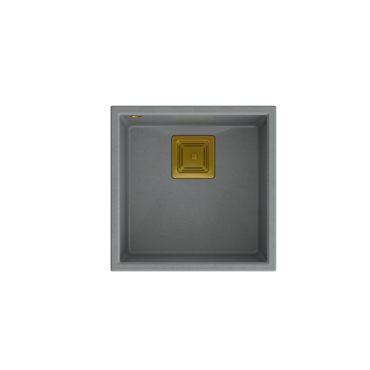 Chiuveta DAVID 40 din piatra argintie GraniteQ 42x42x22,5 cm 1 vas fara vas sub montat scurgere patrata + sifon manual auriu economiseste spatiu + prinderi
