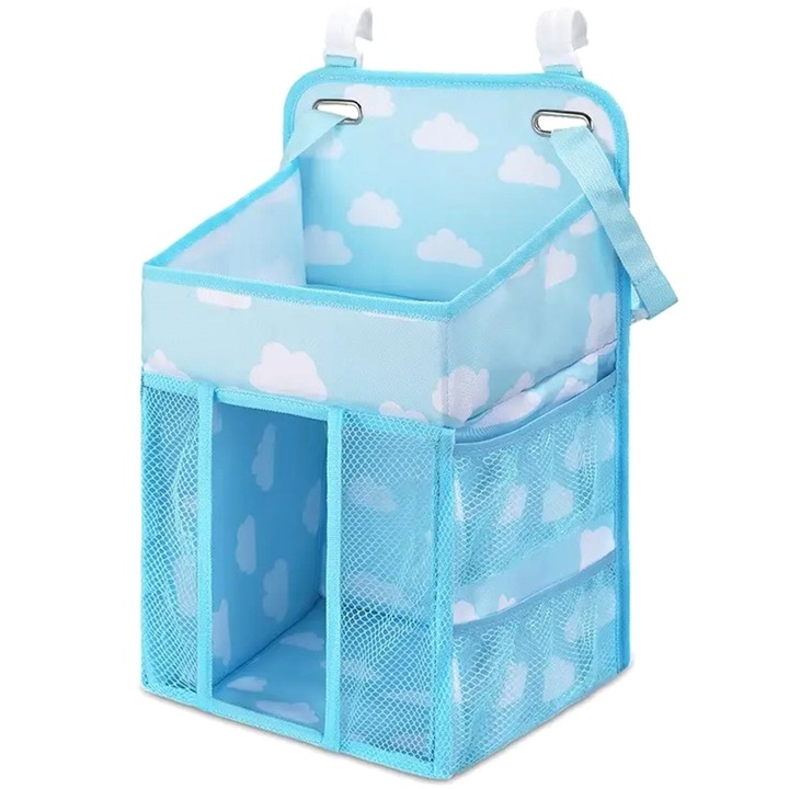 Többfunkciós rendszerező babaágyhoz, Zola®, akasztási lehetőség, kampóval, összecsukható, kék, felhős mintás, 43x28x20 cm