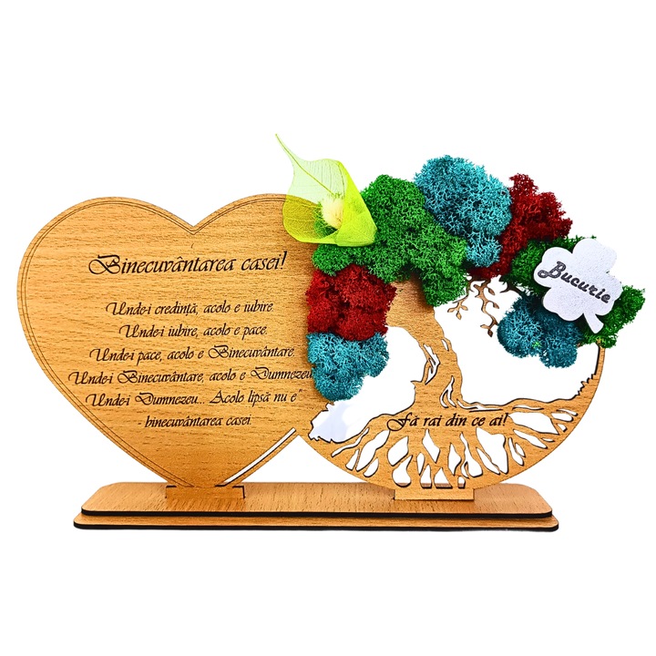 Decoratiune Copacul Vietii cu Inima personalizata cu mesaj gravat standard pentru familie, prieteni, nasi, fini, cununie, "Binecuvantarea casei", decorat cu licheni stabilizati naturali si flori decorative, dimensiune 30x16cm, maro