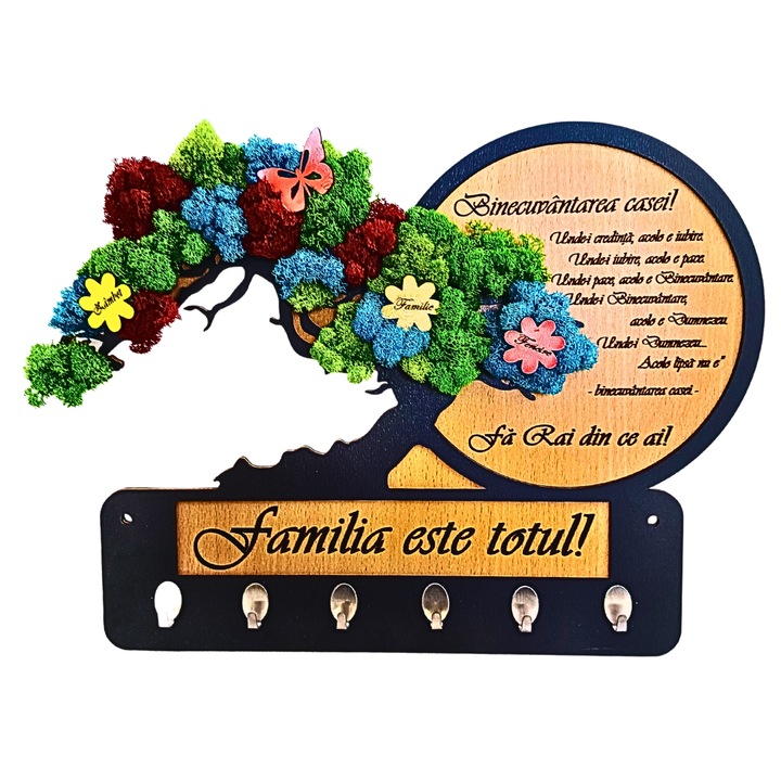 Decoratiune cuier chei personalizat cu mesaj standard gravat laser pentru fini, nasi, prieteni, familie, "Binecuvantarea casei", decorat cu licheni si flori decorative, 40x30cm