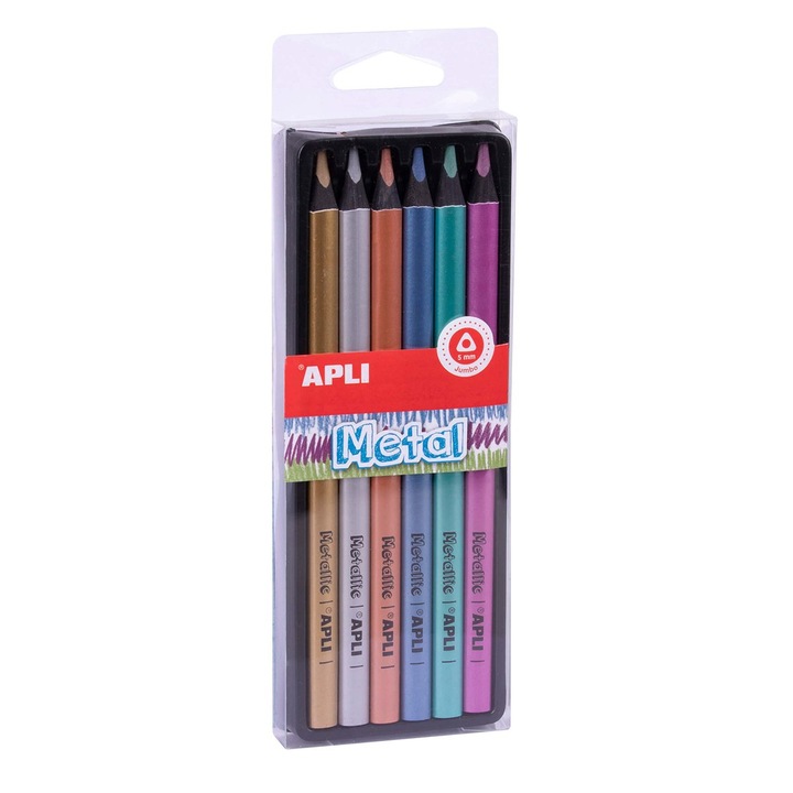 Creioane colorApli, 6 buc/cutie, auriu, bronz, argintiu, albastru metalic, turcoaz metalic, violet metalic, dimensiune varf creion 5 mm,forma creion triunghiulara, culori metalice
