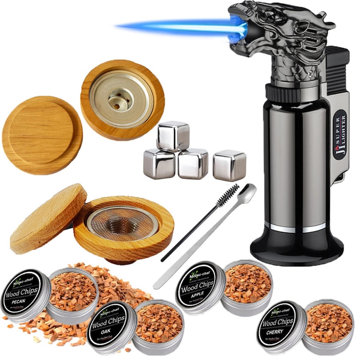 Set fumator de cocktail cu torta si foc, Klenzo®，Otel inoxidabil/Lemn, Multicolor