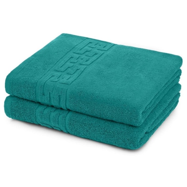 Set 2 prosoape de maini, Bumbac, Bordura Greceasca, 500g/m², 30x50cm, Verde Inchis