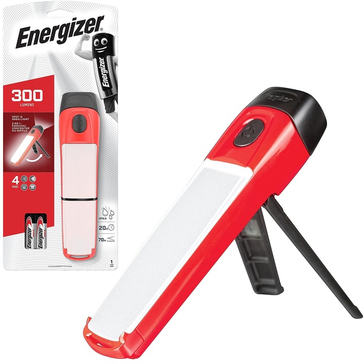 Работна лампа LED Energizer, Със статив, 300 лумена, 4 режима на светене, IPX4, Включени батерии 4xAA