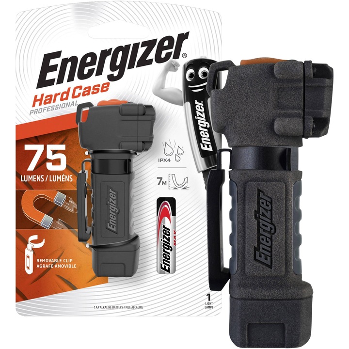 Фенер Energizer Hard Case, LED, 75 лумена, Магнитна опора, Удароустойчив, IPX4, Включена 1 x AA батерия