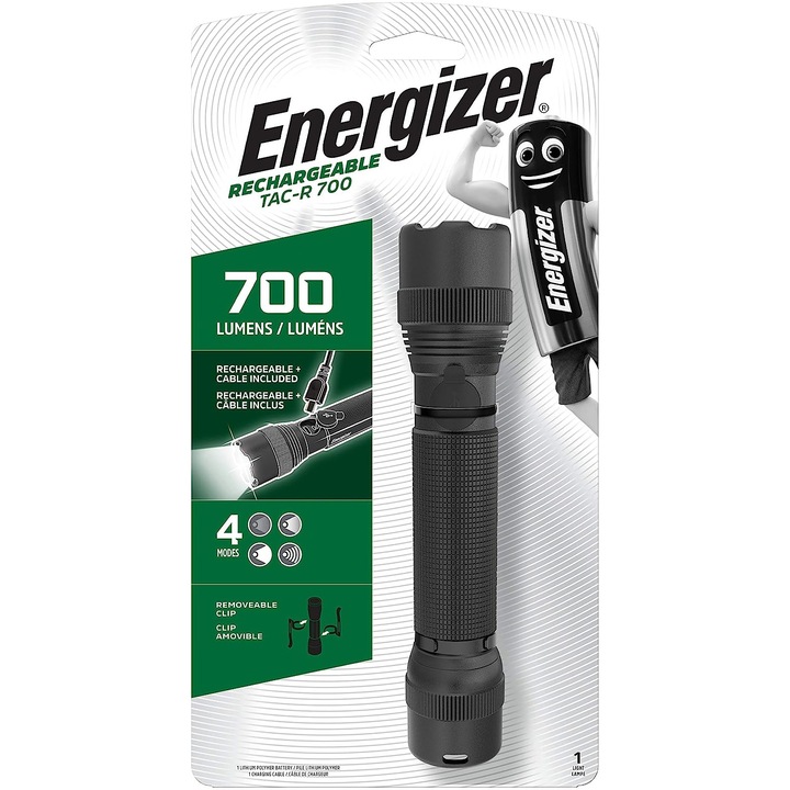 LED фенерче Energizer TAC-R 700, Акумулаторно, USB зареждане, 700 лумена, 4 режима на светене, IPX4, Алуминий