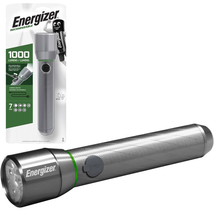 LED фенерче Energizer Vision, Акумулаторно, 1000 лумена, USB зареждане, Литиево-йонна батерия (26650), IPX4
