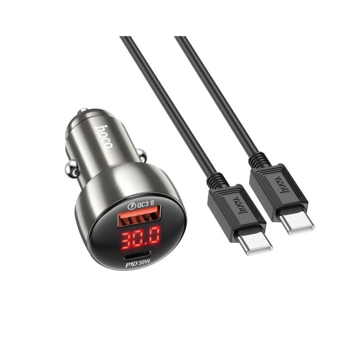 Incarcator Auto Dual Hoco Z50 Usb QC 3.0 + Usb - C, Putere 48W, Cablu Type C Inclus, Gri