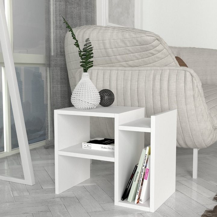 Masa de Cafea Laterala UnicUtil®, 49 x 30 x 40 cm, Cu Design Compact si Minimalist, Ideala Pentru Colt de Canapea, Dormitor, Hol sau Camera de Tineret, Structura Stabila din PAL, Montaj Usor, Culoare Alb