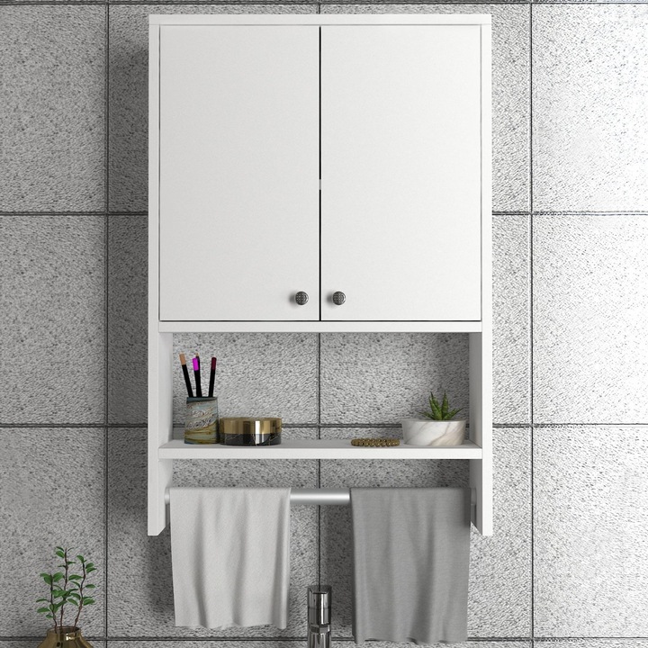 Dulap Organizator pentru Baie UnicUtil®, 59 x 20 x 90 cm, Cu Rafturi Interne si Usi Opaque, Ideal Pentru Spatii Inguste, Baie sau Toaleta, Montare Usoara Pe Sol sau in Colturi, Design Slim si Functional, Culoare Alb