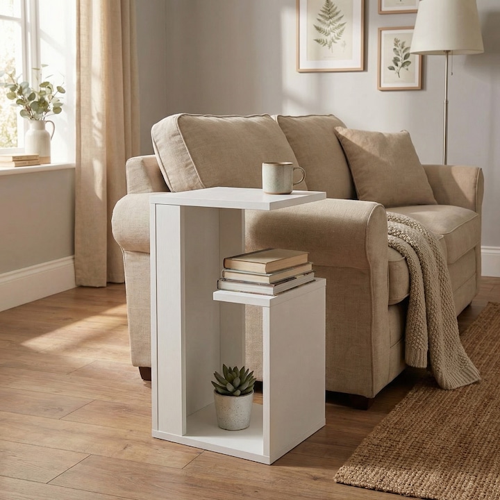 Masuta Cafea, UnicUtil®, Masa Cafea Laterala Dreptunghiulara Extensibila, Masa Cafea Laterala Design Multifunctional Modern, PAL 18 Mm, Structura Solida Compacta, Cu Roti Pentru Mobilitate Usoara, Ideala Pentru Living Sau Restaurant, 35X29.5X60 Cm, Alb