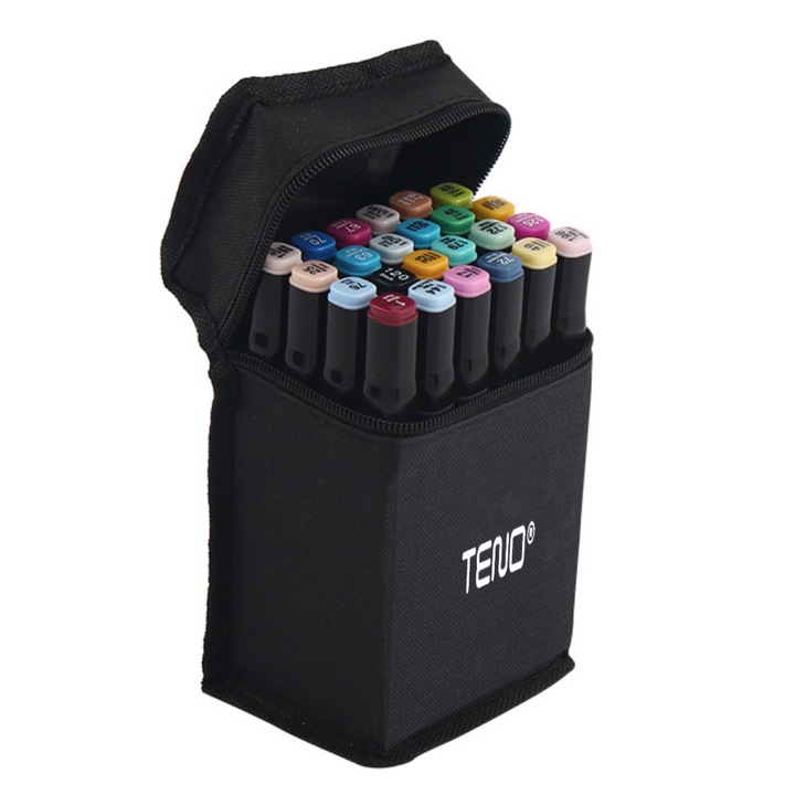 Комплект маркери Teno, Включена чанта за съхранение, 2 вида накрайници, На алкохолна основа, Интензивни цветове, 24бр., Многоцветни