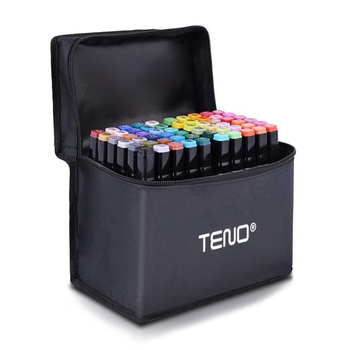 Комплект 60 маркера Teno®, включена чанта за съхранение, 2 вида накрайници, на алкохолна основа, интензивни цветове, многоцветни