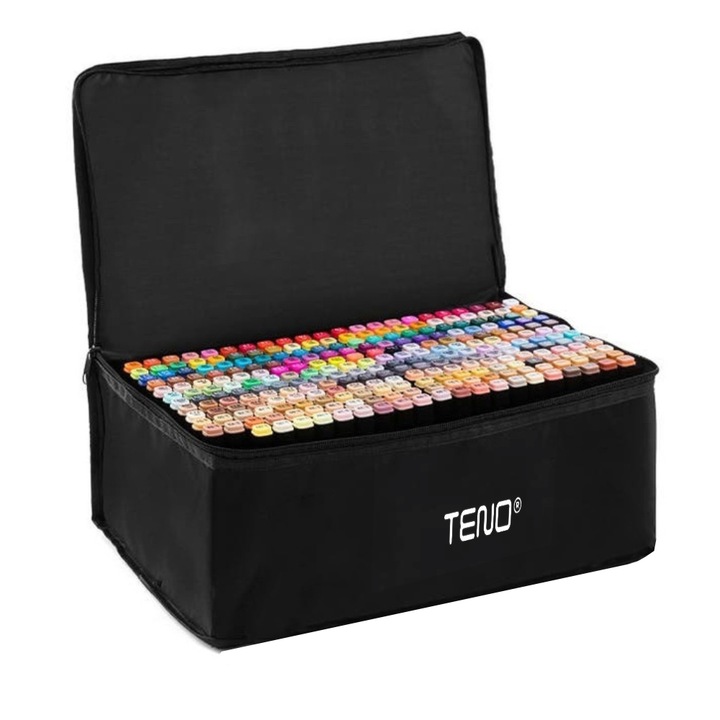 Комплект 262 маркера Teno®, Включена чанта за съхранение, 2 вида накрайници, На алкохолна основа, Интензивни цветове, Многоцветни