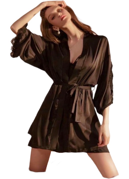 Halat dama satin, StarFashion, cu maneci decorate cu dantela si fundite, Negru, One Size