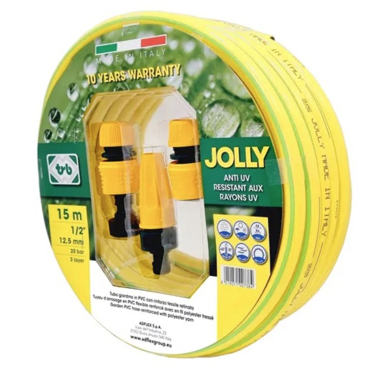 Kit irigare pentru gradina, Jolly, 1/2 Toli, 12.5mm, rola 20 metri, armat cu insertie, 3 straturi, dunga verde, Premium Italia
