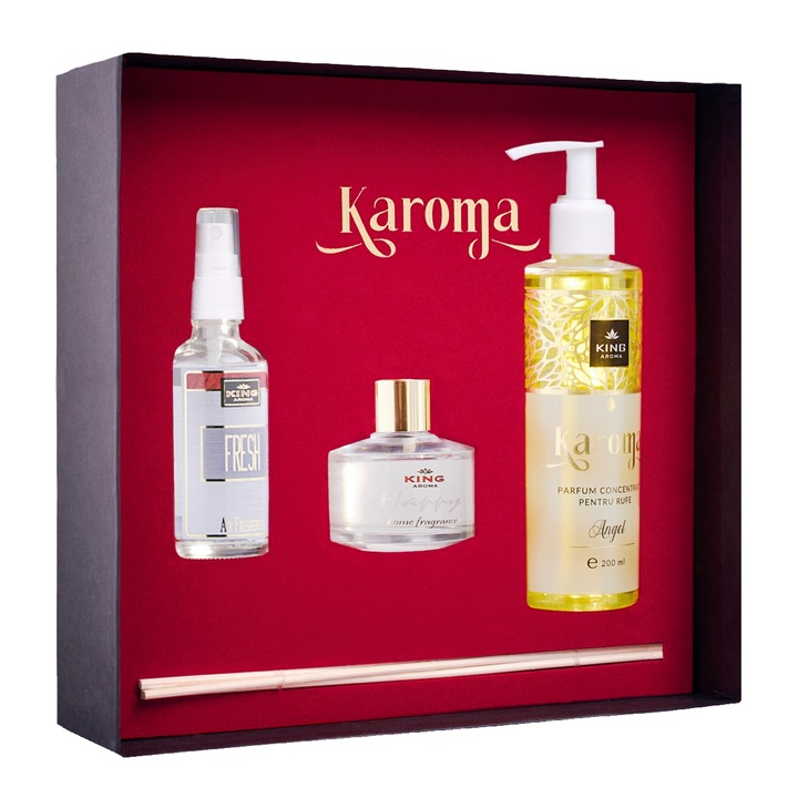 Кутия от 3 части Karoma, парфюм за пране Angel, 200 ml, освежител за въздух Fresh car, 50 ml и освежител за стая Happy rattan stick, 50 ml