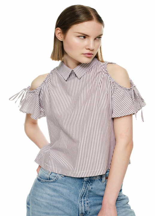 Bluza dama cu umeri goi si snur, Alb/Maro