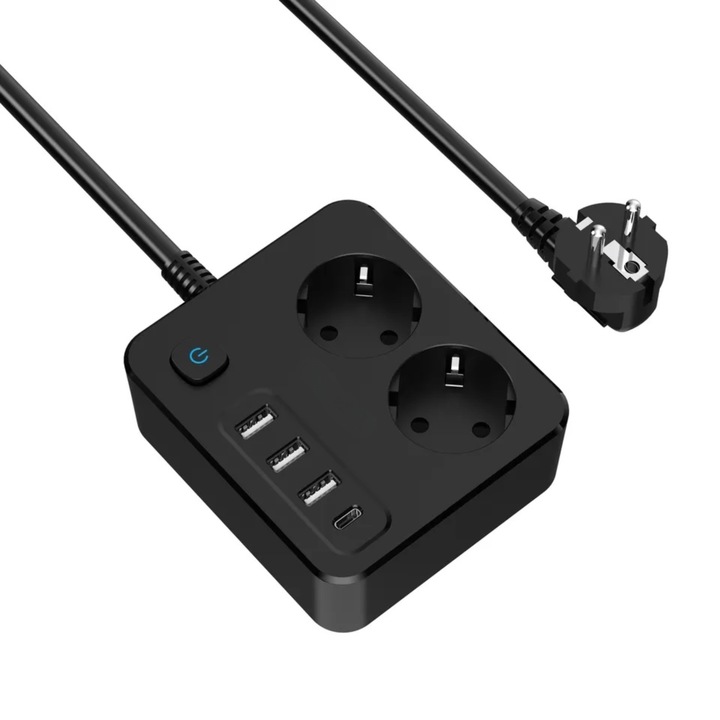 Удължител INNOVIO®, 16A/4000W, 2 гнезда, 3 USB-A порта, 1 USB-C порт за бързо зареждане 30W, Защита за деца, Множество защити, Огнеупорни материали, Меден кабел, Дължина 2 м, Черен