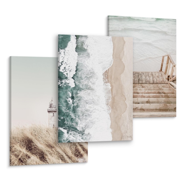 Set 3 Tablouri Decorative Peisaj de plaja si mare, Far, Natura 90x40cm: 3 piese 30x40cm