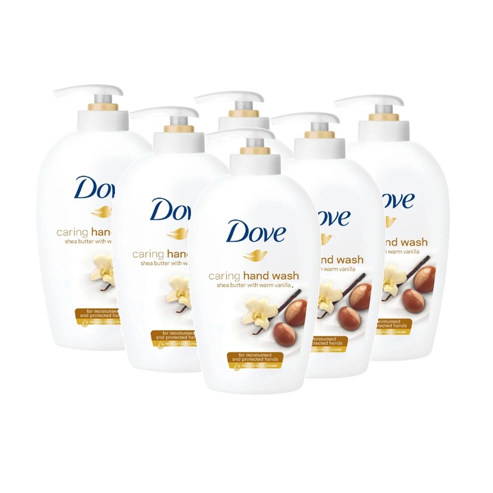 Комплект от 6 течен сапун Dove Shea Butter & Vanilla, 1/4 хидратиращ крем, 250 ml