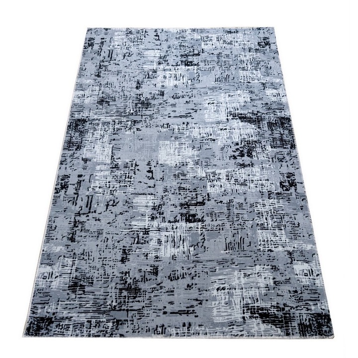Covor Antiderapant Hilton, Gri cu Negru, Poliester, 200 x 300 cm