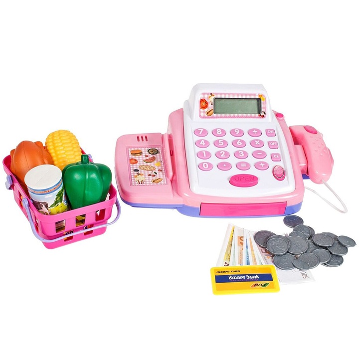 SOLTOY Pinky Shopping Bolti játékszett, Pénztárgép, bevásárlókosár, fiók, hangok és fények, termékszkenner, mérleg, kártya- és érmeolvasó