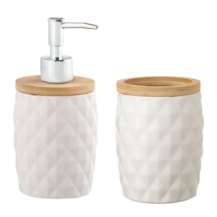 Set de baie, 2 piese, Dozator sapun, Pahar, Ceramica/Bambus, Alb
