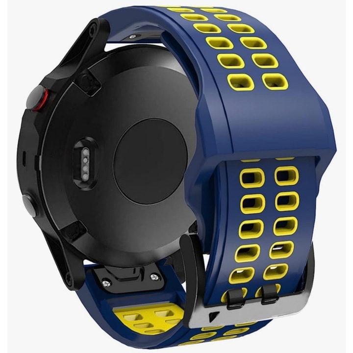 Curea smartwatch din silicon, Quick Release, compatibila cu Garmin Fenix 5x 5xPlus 6x 6xPro, Fenix 3 3HR Enduro D2 Delta PX, Fenix 7x Tactix 7Pro, 7Pro, Tactix Delta Descent MK2I D2, Epix, latime 26 mm, Albastru Galben