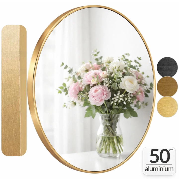 Oglinda rotunda 50cm, cu rama Aurie, oglinda de perete, decorativa, pentru hol, sufragerie, living baie, din aluminiu, Callena