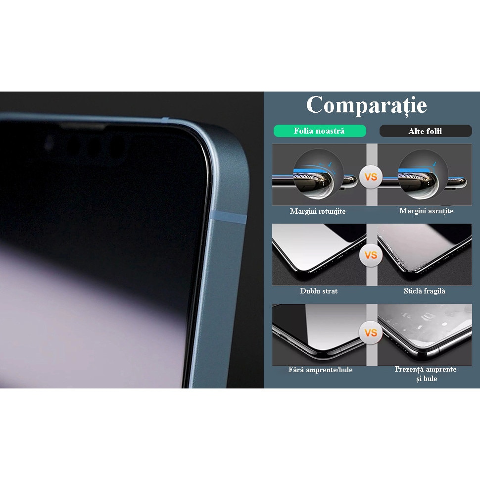 Folie protectie de sticla compatibil iPhone 13 Pro Max/ 14 Plus, sistem aplicare usoara patentat, aplicare in 5s, fara bule, fara praf, margini negre