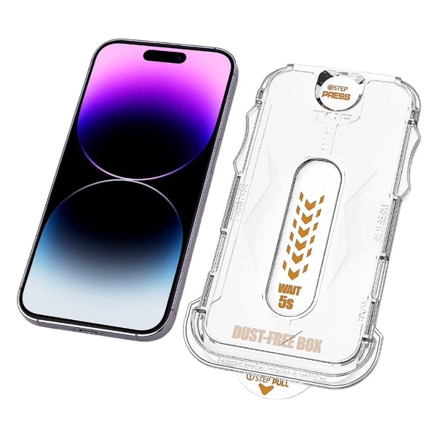 Folie protectie de sticla compatibil iPhone 13 Pro Max/ 14 Plus, sistem aplicare usoara patentat, aplicare in 5s, fara bule, fara praf, margini negre