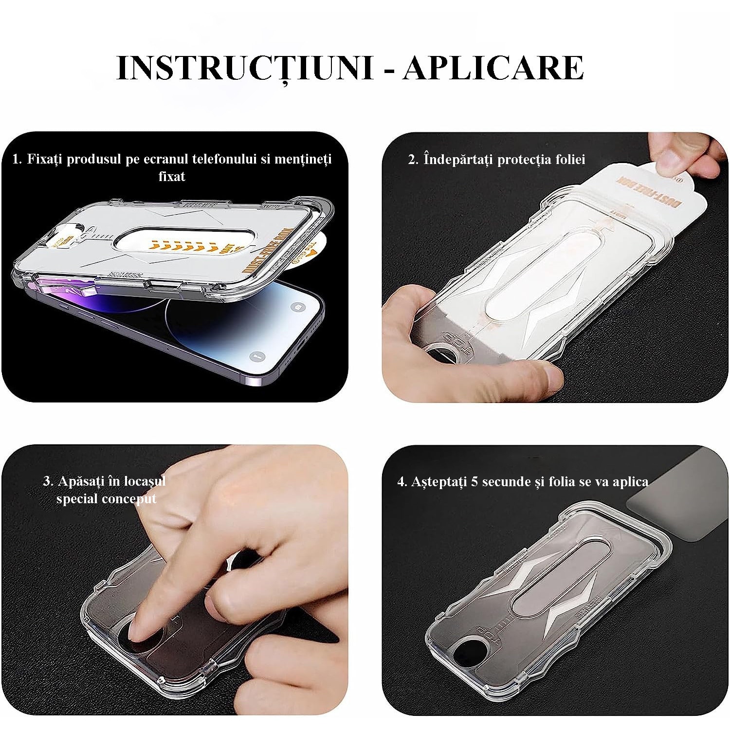 Folie protectie de sticla compatibil iPhone 13 Pro Max/ 14 Plus, sistem aplicare usoara patentat, aplicare in 5s, fara bule, fara praf, margini negre