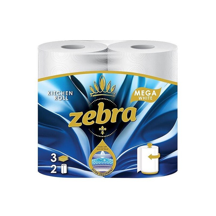 Кухненска хартия, ролка, Zebra Mega White 2 бр 3 ката 57м