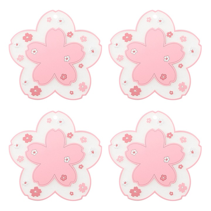 Set 4 suporturi bauturi, PVC, 11.5x11.5cm, Roz/Alb