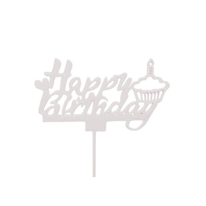 Tortafedő dekoráció, "Boldog születésnapot" cupcake, 12,5 x 10,4 cm elefántcsont fehér