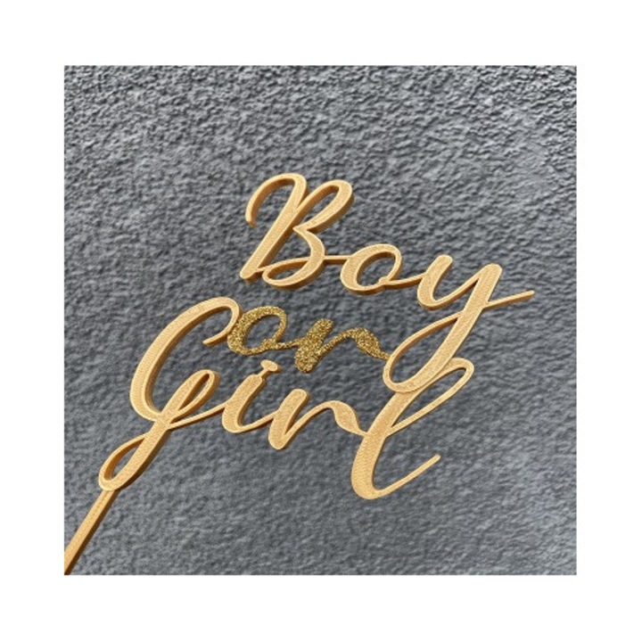 Decoratiune topper tort "Boy or Girl" gender reveal, auriu cu sclipici, 11.5 cm